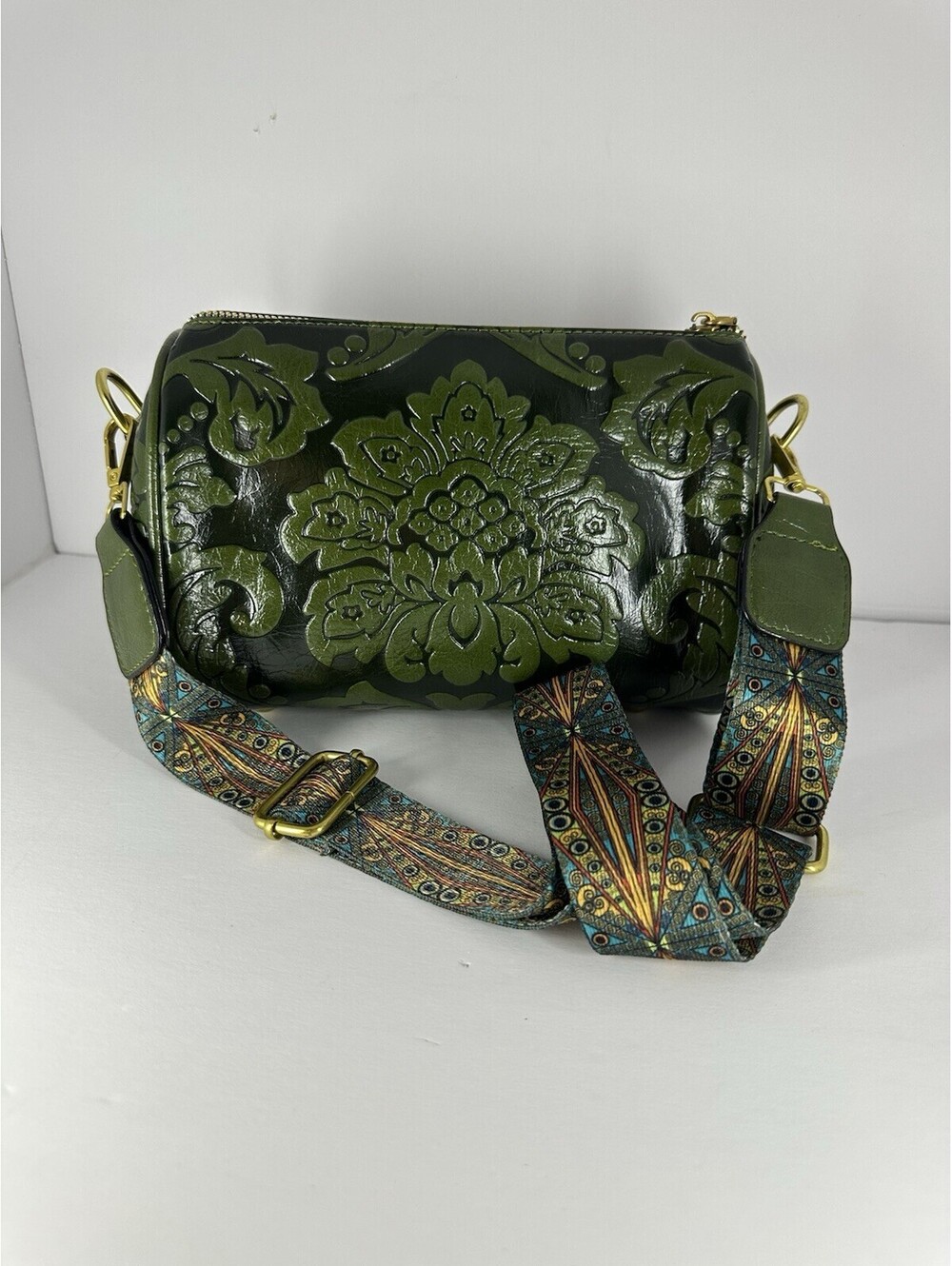 Green Vegan Leather Shoulder Bag Purse Crossbody Peacock Damask Guitar Strap